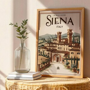 Siena, Italia, Toscana, póster de viaje de estilo vintage de los años 50, descarga digital, arte mural, decoración del hogar, estética retro de mediados de siglo.