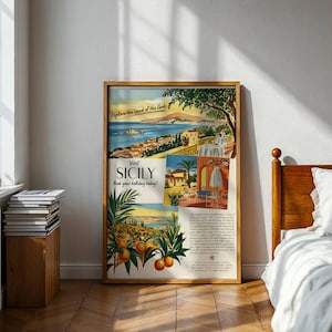 Cartel publicitario de viajes de Sicilia, Italia, años 50, estilo vintage, descarga digital, bellas artes, arte mural, decoración del hogar, estética retro, publicidad de mediados de siglo.