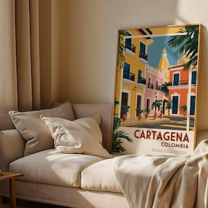 Cartel publicitario de viaje vintage de los años 50 de Cartagena, Colombia, descarga digital, arte de pared, decoración del hogar, estética retro, publicidad de mediados de siglo