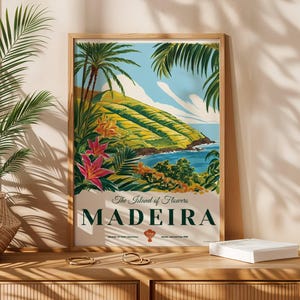 Cartel de viaje vintage de Madeira, años 50, descarga digital, arte mural, decoración del hogar, estética retro, mediados de siglo.