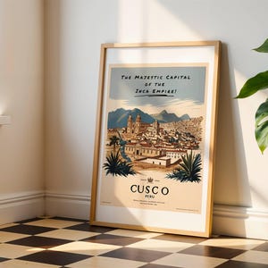 Póster de viaje vintage de los años 50 de Cusco, Perú, Inca, descarga digital, arte mural, decoración del hogar, estética retro, publicidad de mediados de siglo.