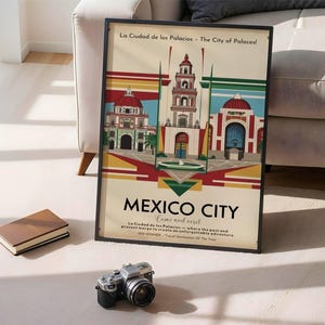 Cartel turístico de la Ciudad de México de los años 50, estilo vintage, descarga digital, arte mural, decoración del hogar, estética retro, mediados de siglo, América Latina.