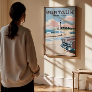 Cartel publicitario de viajes de estilo vintage de los años 50 del faro de Montauk, descarga digital, arte mural, decoración del hogar, estética retro, mediados de siglo, EE. UU.
