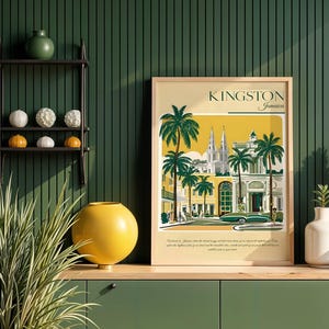 Kingston, Jamaica, póster de viaje vintage de los años 50, descarga digital, arte mural, decoración del hogar, estética retro, caribeño de mediados de siglo.
