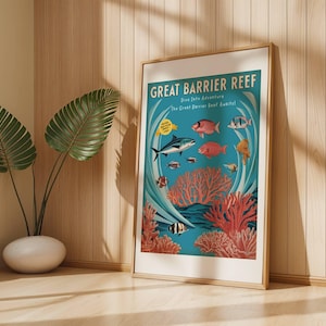 Cartel de viaje vintage de la Gran Barrera de Coral de los años 50, descarga digital, arte mural, decoración del hogar, estética retro de mediados de siglo.