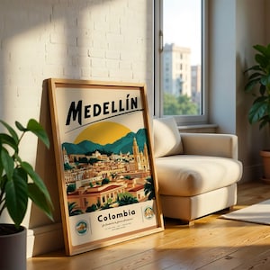 Cartel publicitario de viajes de Medellín, Colombia, de los años 50, estilo vintage, descarga digital, bellas artes, arte mural, decoración del hogar, estética retro, mediados de siglo, latino
