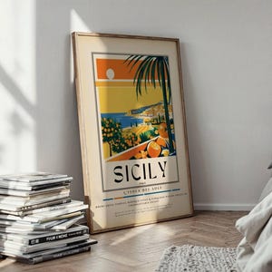 Sicilia Italia anni '50 Vintage-Style Travel Ad Poster Download digitale Fine Art Wall Art Home Decor Retro Estetica Mid-Century Ad Isola