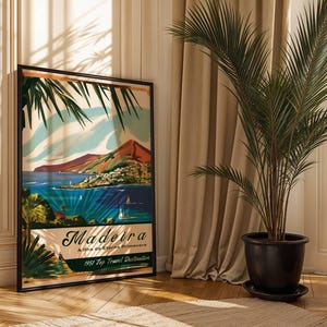 Cartel de viaje vintage de Madeira, años 50, descarga digital, arte mural, decoración del hogar, estética retro, mediados de siglo.