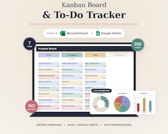 Kanban Board Spreadsheet, To Do List & Task Tracker, Google Sheets + Excel Template, Project Planner, Productivity Digital Download