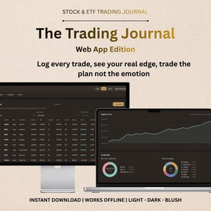 May include: A digital trading journal titled The Trading Journal Web App Edition displayed on a computer monitor and a laptop screen. The screens show a trade log table, an equity curve line graph, and circular charts for trade mix and strategy.