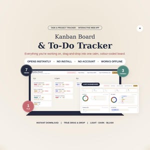 May include: A digital Kanban board and to-do tracker web app interface featuring task columns, color-coded labels, and a live dashboard. The display includes text labels for 7 views, 3 themes, and 1 file, with options for light, dark, and blush modes.