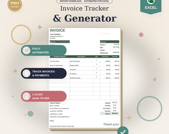 Automated Invoice Tracker and Generator Excel Template | Small Business Invoice Spreadsheet with PDF, Dashboard and Payment Tracker