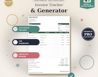 Invoice Tracker and Generator | Excel & Google Sheets Template | Small Business Invoice Spreadsheet with Dashboard and Auto Payment Tracker