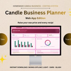 May include: A computer monitor displaying a pink-themed Candle Business Planner web app. The screen shows a dashboard with revenue charts, order status, and low stock alerts. Text includes "HOMEMADE CANDLE BUSINESS - COSTING SYSTEM" and "12 Tabs".