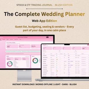 May include: A digital wedding planner web app displayed on a desktop monitor and a laptop screen. The interface features a blush pink color scheme with data tables, budget charts, and guest list tracking. Text includes The Complete Wedding Planner.