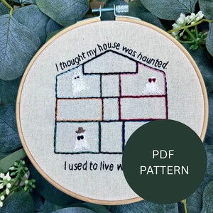 Puede incluir: Arte de aro bordado con un diseño de casa y tres figuras de fantasmas. Los textos "I thought my house was haunted" y "I used to live w" están bordados arriba y abajo de la casa. Un círculo verde oscuro con "PDF PATTERN" está en la parte inferior derecha.