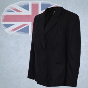 May include: A black blazer with a notched lapel and a single-button closure. The blazer has a tailored fit and features a front pocket. The background includes a faded Union Jack flag.