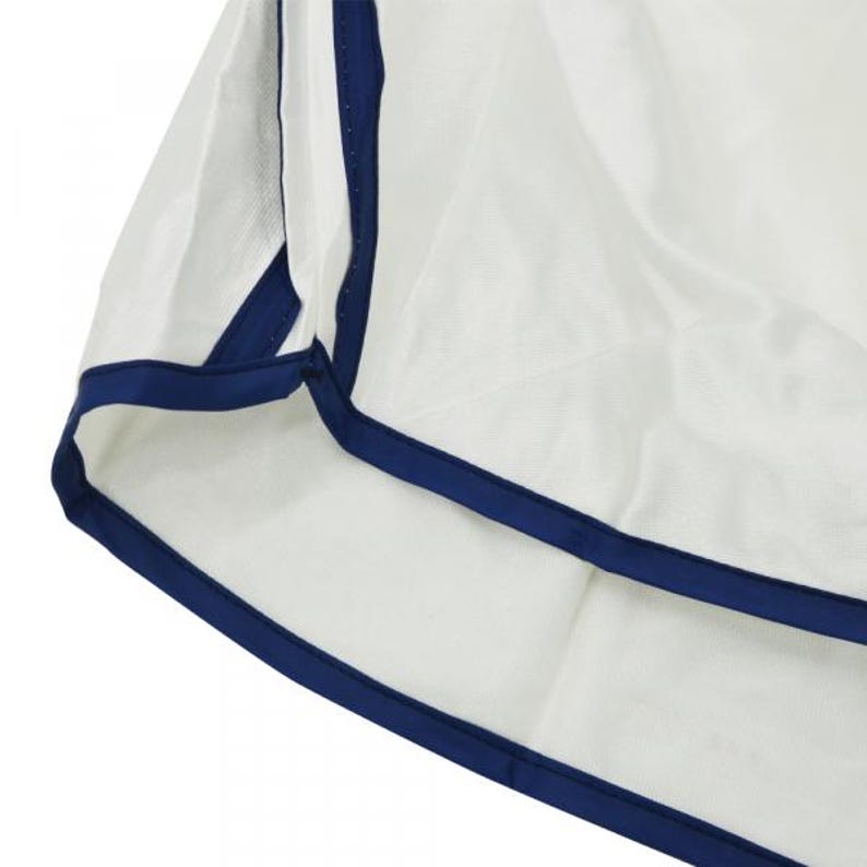 May include: White fabric with a navy blue trim around the edges. The fabric is folded over itself, creating a double layer.