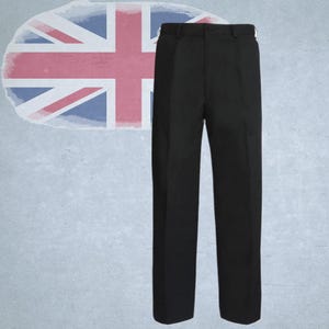 May include: Black dress pants with a straight leg design. The pants have a button and zipper closure and belt loops. The background features a faded Union Jack flag.