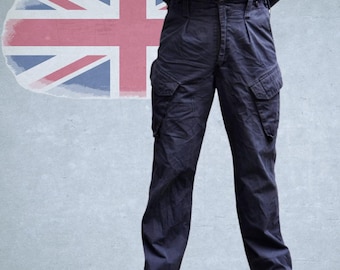 Pantaloni da combattimento vintage British Navy Blue No.4 a 5 tasche, usati direttamente dal fronte, surplus militare.