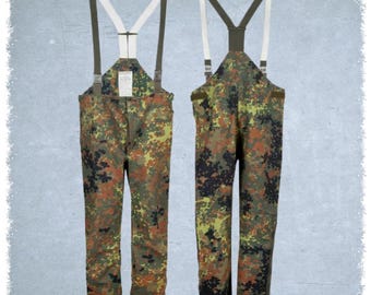 Bundeswehr Gore-Tex Flecktarn Regenhose mit Hosenträgern, wasserdicht, originaler Vintage-Militärüberschuss