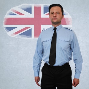 May include: A person wearing a light blue long-sleeve shirt with two chest pockets, a black tie, and black pants. The background features a stylized Union Jack flag.