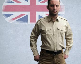 British FAWN Herren Langarm Militärhemd - Original Britische Armee, Khaki, Vintage Militär