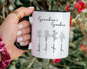 Personalized Birth Month Flower Mug, Grandma Flower Mug, Grandma's Garden Mug, Grandma Love Grows Here Mug, Birth Month Flowers With Names