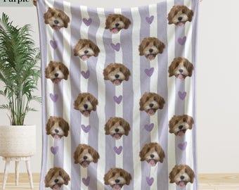 Custom Pet Photo Face Blanket, Personalized Dog Picture Blanket, Pet Memorial Gift, Cat Picture Blanket, Striped Fleece Throw Dog Blanket