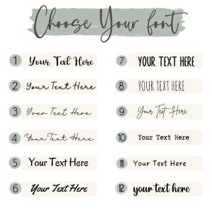 May include: A graphic with the text "Choose Your Font" above 12 text samples. Each sample displays "Your Text Here" in a different font style. The text samples are on a light beige background.