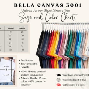 May include: A display of Bella Canvas 3001 unisex jersey short sleeve tees in various colors, hanging on a rack. A size and color chart is shown, with measurements in inches. The shirts are pre-shrunk, retail fit, and made of 100% Airlume combed cotton.