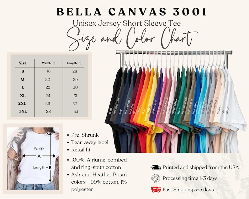 May include: A display of Bella Canvas 3001 unisex jersey short sleeve tees in various colors, hanging on a rack. A size and color chart is shown, with measurements in inches. The shirts are pre-shrunk, retail fit, and made of 100% Airlume combed cotton.