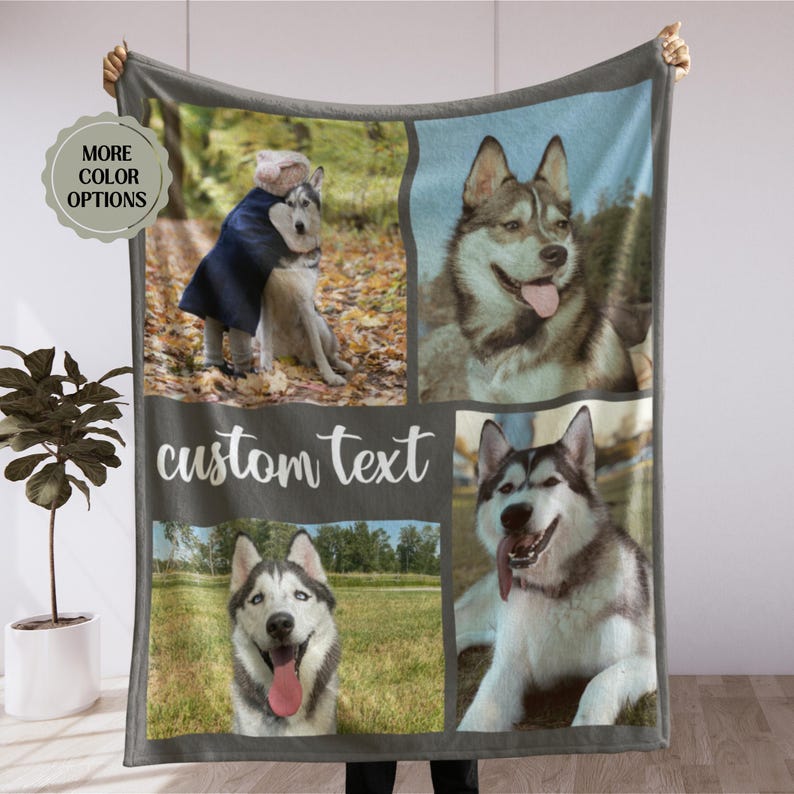 May include: A gray fleece blanket featuring four photos of a husky dog. The blanket has a dark gray border and includes the text "custom text" in white script. A circular graphic reads "MORE COLOR OPTIONS".