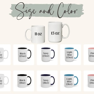 May include: White ceramic mugs in 312 ml and 425 ml sizes, with options including all-white, black handle, navy handle, light blue handle, and pink handle. The text "Size and Color" is at the top.