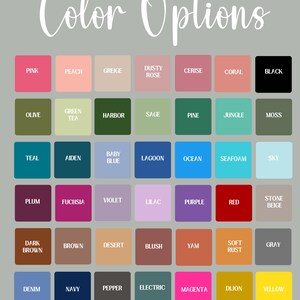 May include: A color chart with the words "Color Options" in a script font. The chart displays a grid of color swatches, each labeled with a color name, including pink, black, and yellow. The background is a light gray.