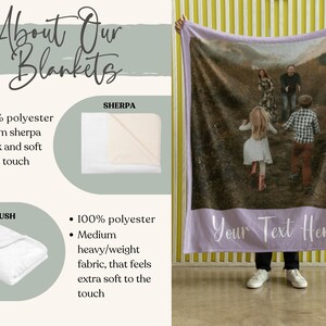 May include: A large, rectangular blanket with a family photo printed on it. The blanket has a lavender border with the text "Your Text Here". The blanket is made of 100% polyester and is thick and soft to the touch.