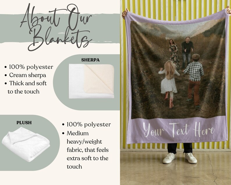May include: A large, rectangular blanket with a family photo printed on it. The blanket has a lavender border with the text "Your Text Here". The blanket is made of 100% polyester and is thick and soft to the touch.