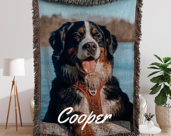 Personalized Pet Portrait Woven Blanket, Dog Memorial Gift