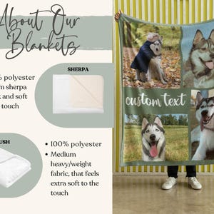 May include: A green blanket featuring four images of Siberian Huskies, with the words "custom text" in white. The blanket is held up by a person wearing black pants and white shoes. The blanket is made of 100% polyester.