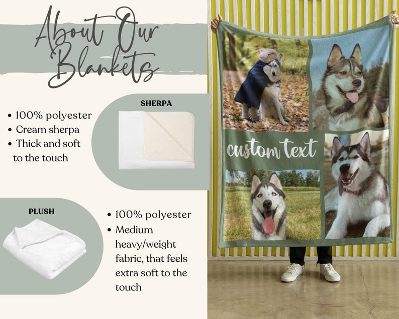 May include: A green blanket featuring four images of Siberian Huskies, with the words "custom text" in white. The blanket is held up by a person wearing black pants and white shoes. The blanket is made of 100% polyester.