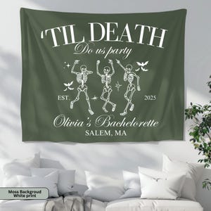 Personalized Til Death Do Us Party Banner Gothic Bachelorette Backdrop Skeleton Bride or Die Tapestry Funny Halloween Wedding Decoration
