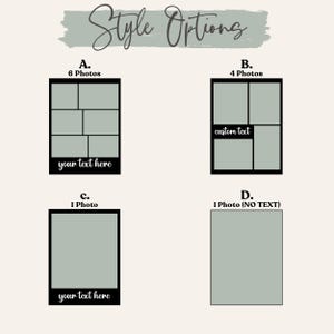 May include: A graphic with four style options for photo layouts. The options include layouts for 6 photos, 4 photos, and 1 photo, with text areas labeled "your text here" and "custom text". The top of the graphic reads "Style Options".