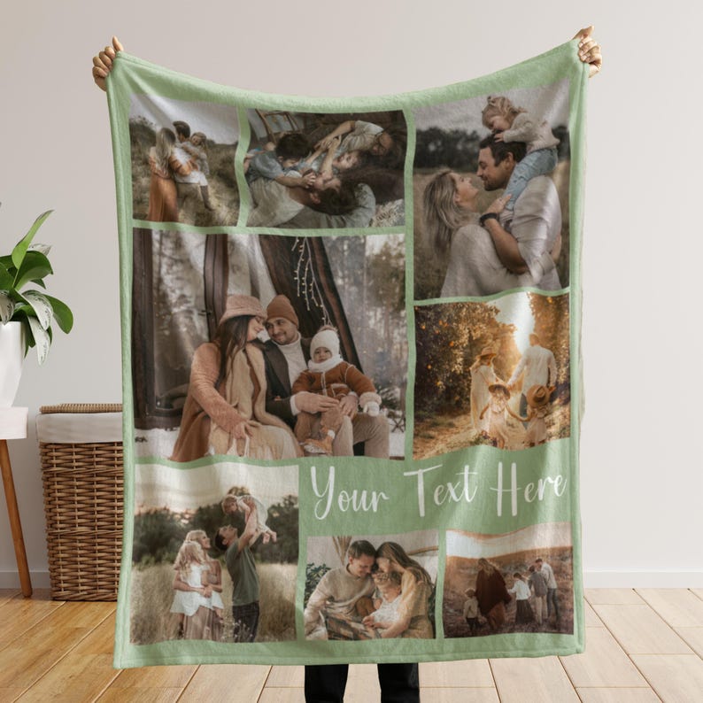 May include: A personalized blanket with a light green border and a collage of family photos. The blanket features multiple rectangular photo inserts with a light green border and the text "Your Text Here".