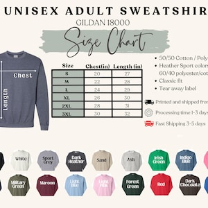Peut inclure: Un sweat-shirt unisexe pour adultes, avec un tableau des tailles indiquant des mesures de poitrine de 51 &agrave; 76 cm et des longueurs de 69 &agrave; 81 cm. L'image pr&eacute;sente &eacute;galement une palette de couleurs disponibles.