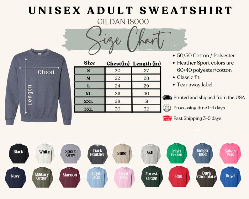 Peut inclure: Un sweat-shirt unisexe pour adultes, avec un tableau des tailles indiquant des mesures de poitrine de 51 &agrave; 76 cm et des longueurs de 69 &agrave; 81 cm. L'image pr&eacute;sente &eacute;galement une palette de couleurs disponibles.