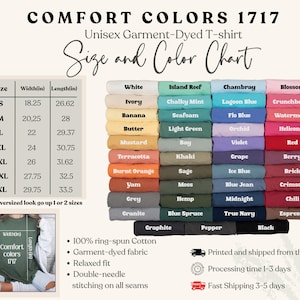 Peut inclure: Un tableau des tailles et des couleurs pour les t-shirts unisexes Comfort Colors 1717 teints en pi&egrave;ce. Le tableau affiche les tailles S &agrave; 4XL avec des mesures de largeur et de longueur en pouces. Une large gamme de couleurs est pr&eacute;sent&eacute;e, dont le blanc, le noir et diverses nuances de bleu, vert et rouge.