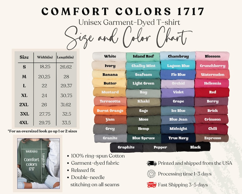 Peut inclure: Un tableau des tailles et des couleurs pour les t-shirts unisexes Comfort Colors 1717 teints en pi&egrave;ce. Le tableau affiche les tailles S &agrave; 4XL avec des mesures de largeur et de longueur en pouces. Une large gamme de couleurs est pr&eacute;sent&eacute;e, dont le blanc, le noir et diverses nuances de bleu, vert et rouge.