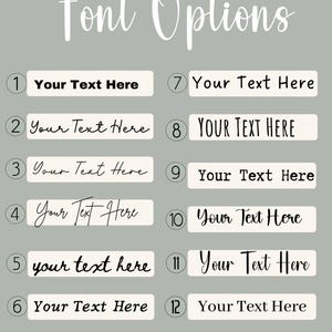 May include: Image showcasing 12 font options with the text "Your Text Here" in various styles. The title "Font Options" is displayed in a cursive font. Each font sample is numbered and set against a light beige background.
