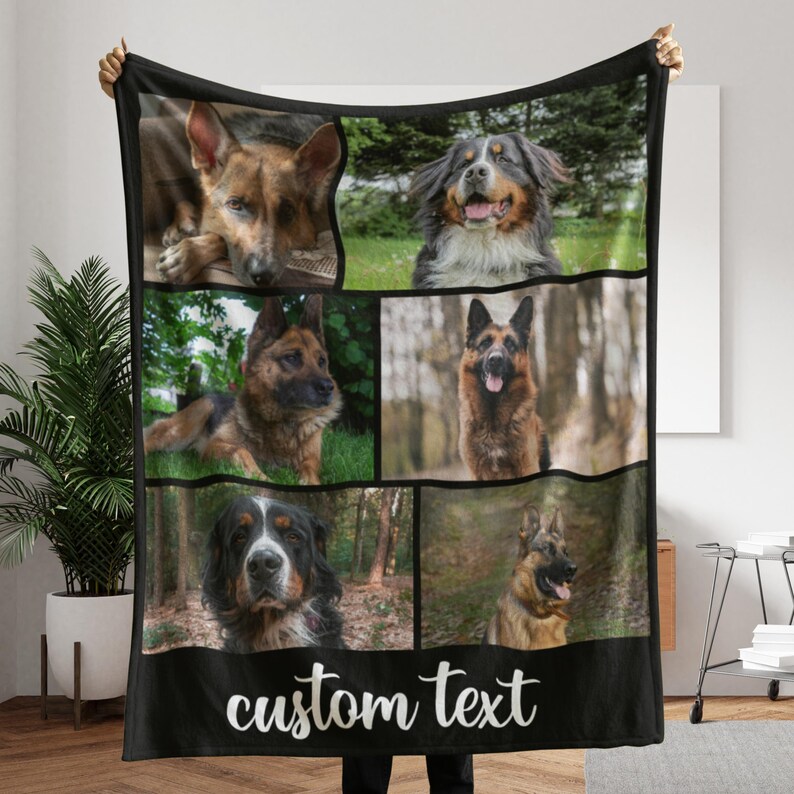 May include: Black blanket featuring a collage of dog photos. The blanket has a black border with the words "custom text" in white script. The dog photos include German Shepherds and a Bernese Mountain Dog.