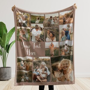 May include: A personalized brown fleece blanket featuring a collage of family photos. The blanket has a central section with the text "Your Text Here" in a cursive font. The photos depict various family members in outdoor settings.